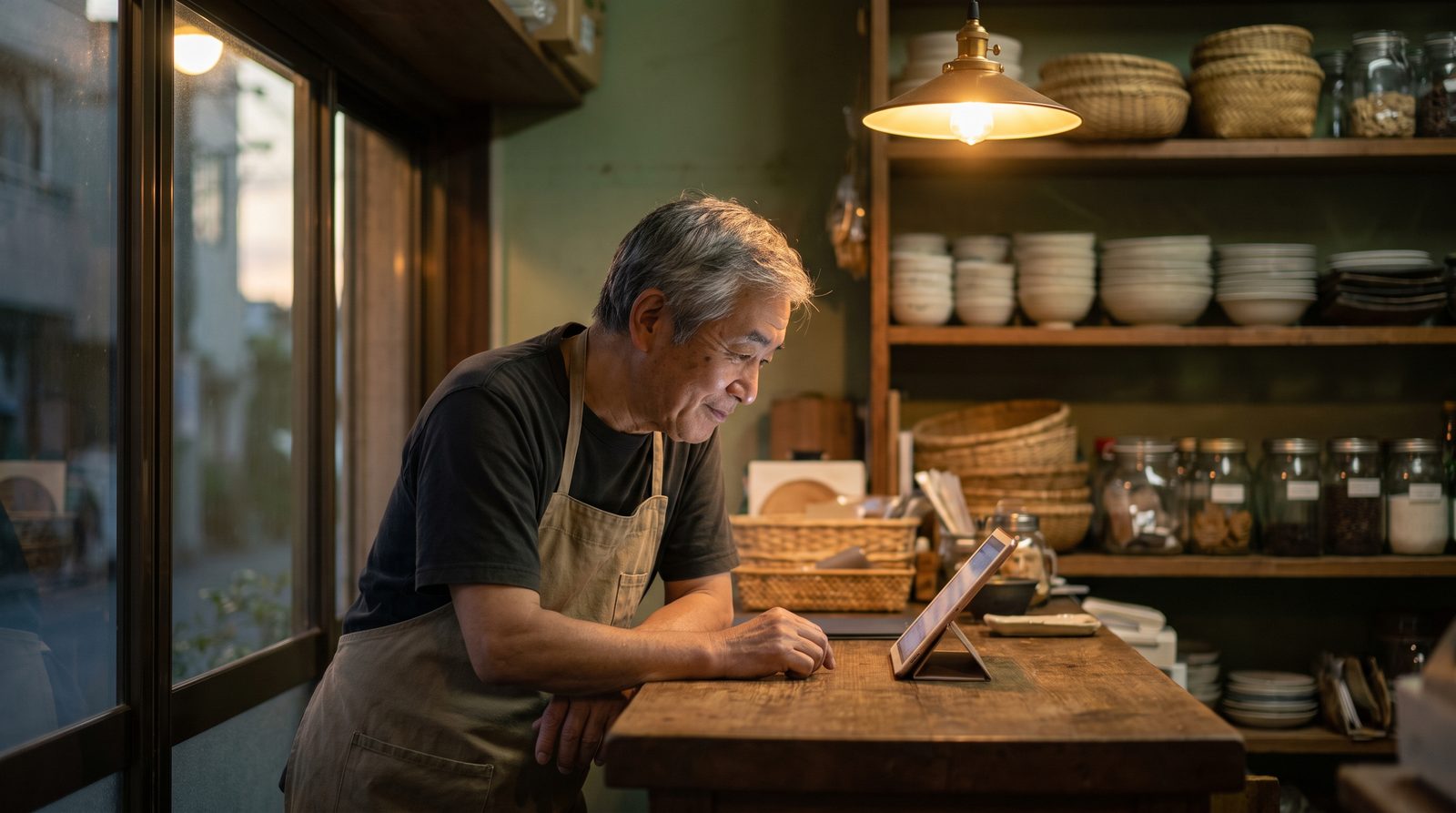 閉店後の店内で、店主がカウンターに置いたタブレットを見ながら数字を確認している様子