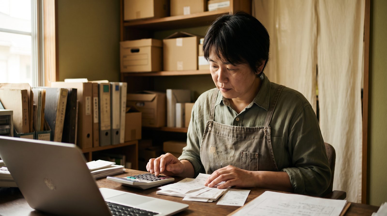 小さな店の事務スペースで、店主が請求書の束と電卓を前に処理を確かめている様子