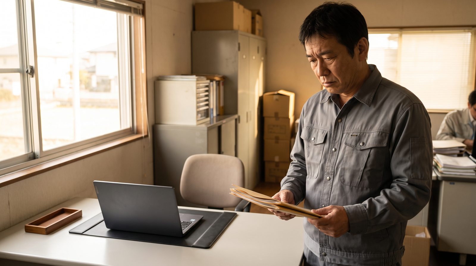小さな会社の事務所で、経営者が空席になった担当者のデスクの前に立ち、手元の書類の束を見ながら契約先を確かめようとしている様子