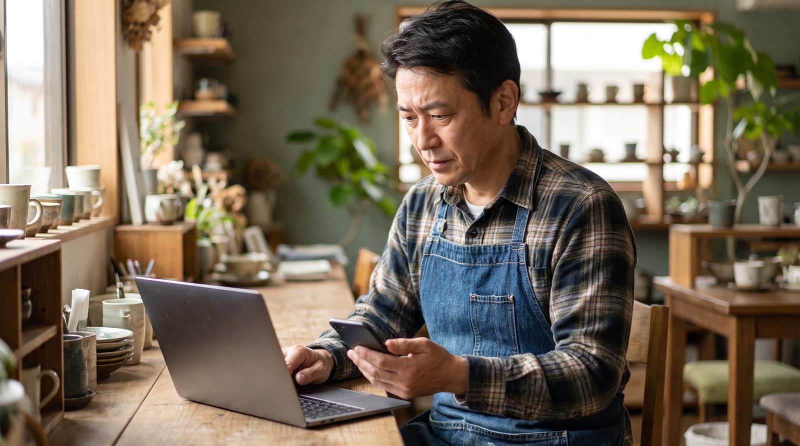 お店のオーナーがノートパソコンとスマートフォンで自店のホームページを見比べ、なぜ集客できないのかを確かめている様子