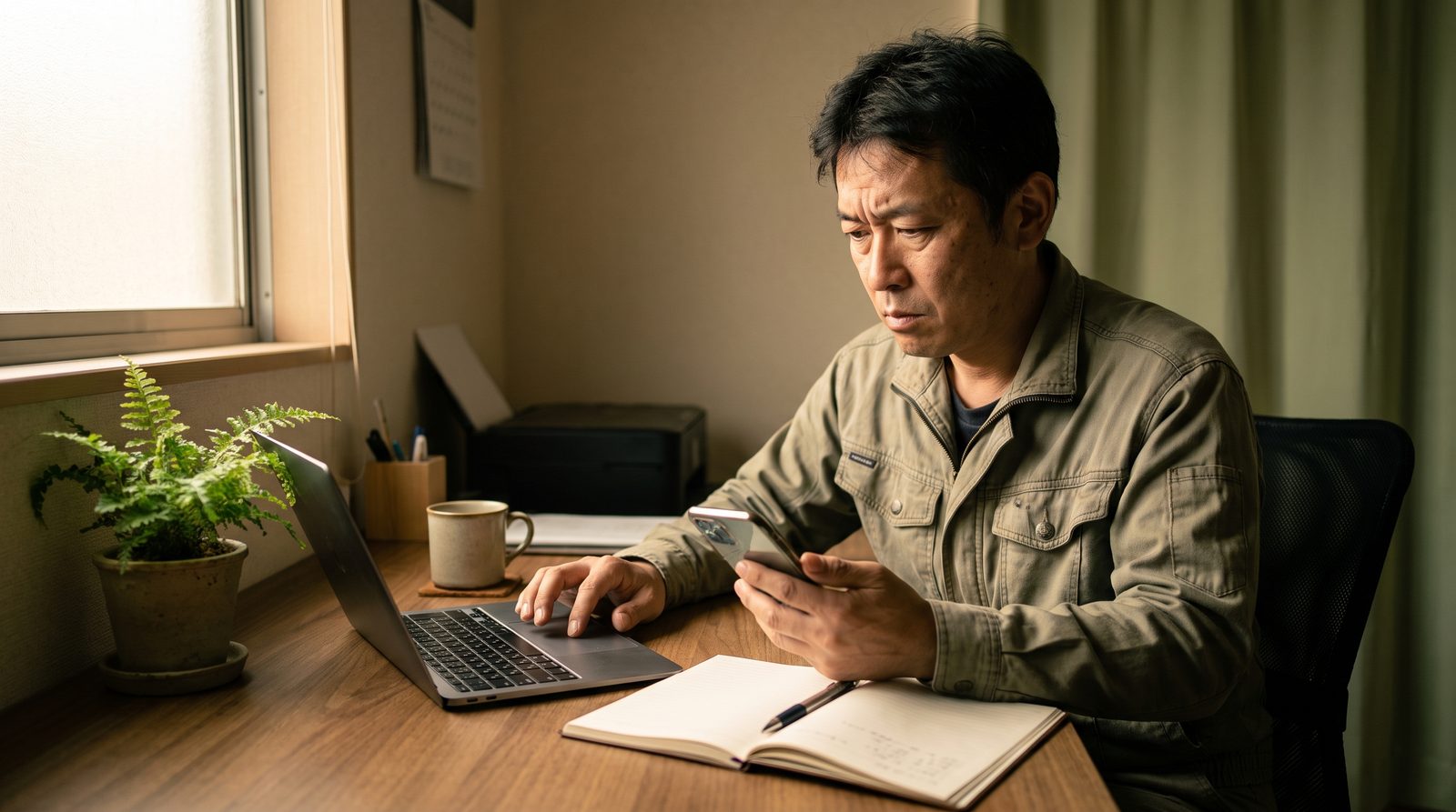 事務所の机でノートパソコンとスマートフォンの検索結果を見比べ、自社サイトが出てこないことに戸惑う経営者