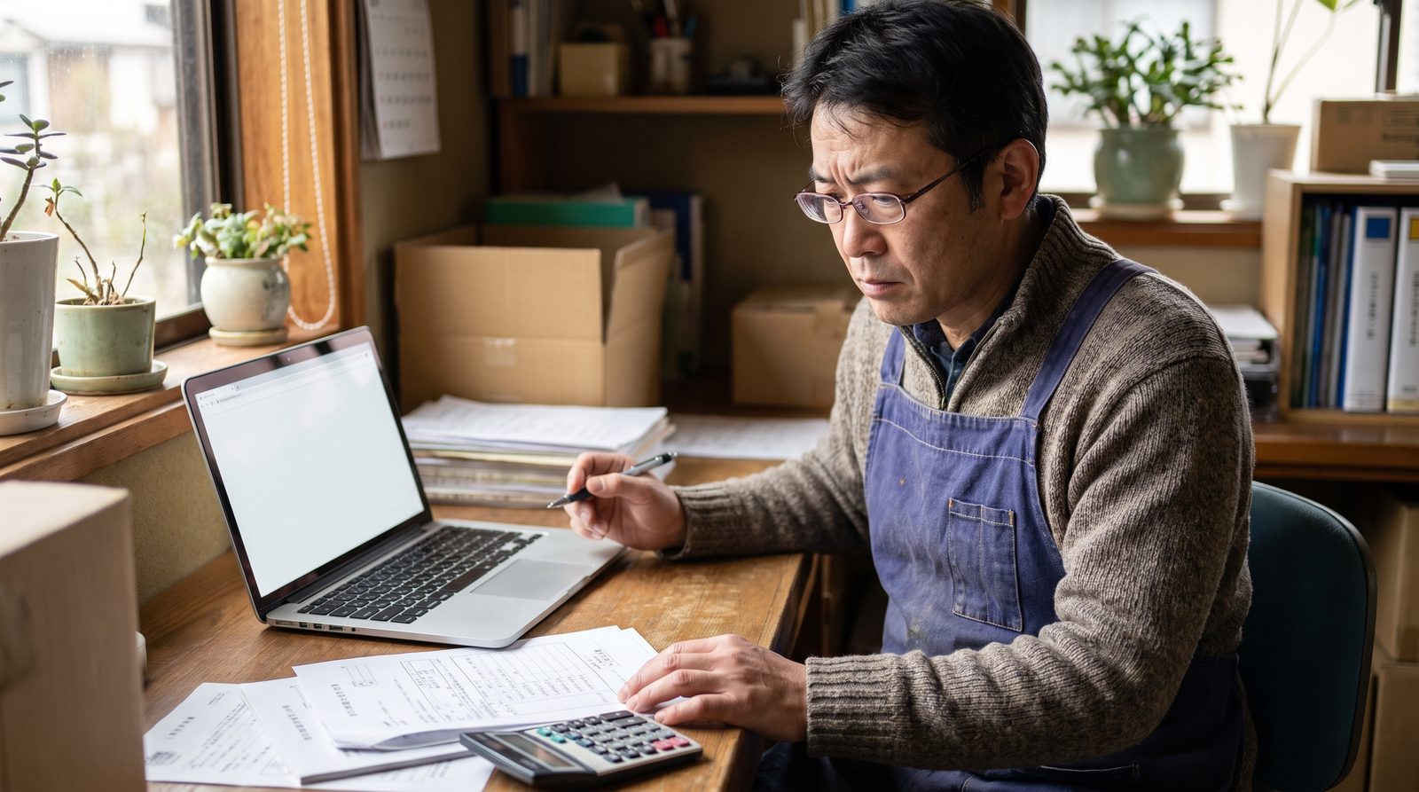 小さなお店の事務スペースで、店主がノートパソコンと補助金の申請書類を見比べている様子