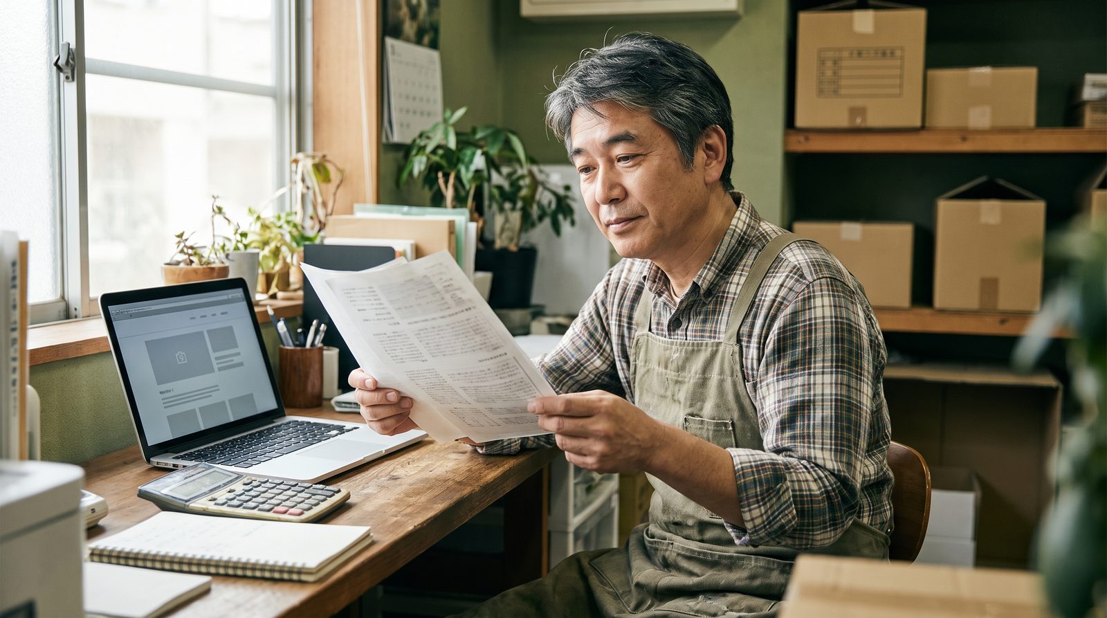 小さな店舗の事務所で、ホームページの契約書を手に取り、電卓とノートを並べて内容を確認している経営者