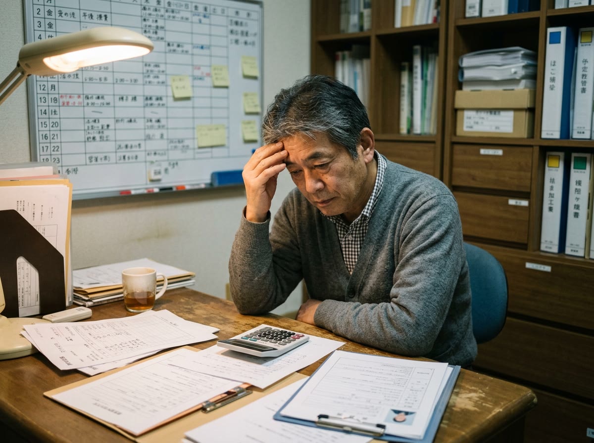 夜の事務室で、施設の管理者が請求書と電卓を前に頬杖をついて思案している情景。壁には予定が書き込まれたホワイトボード