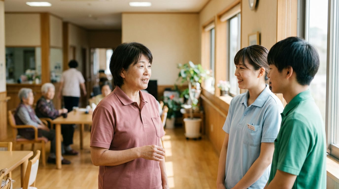 朝の光が差し込むデイサービスのフロアで、施設長が若いスタッフ2人と笑顔で立ち話をしている情景。奥のテーブルでは利用者がお茶を飲んでいる