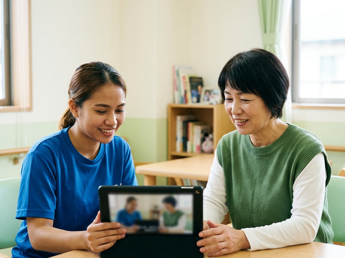 明るい施設の一室で、外国人スタッフと先輩スタッフがタブレットに映る研修動画を並んで見ながら微笑んでいる情景