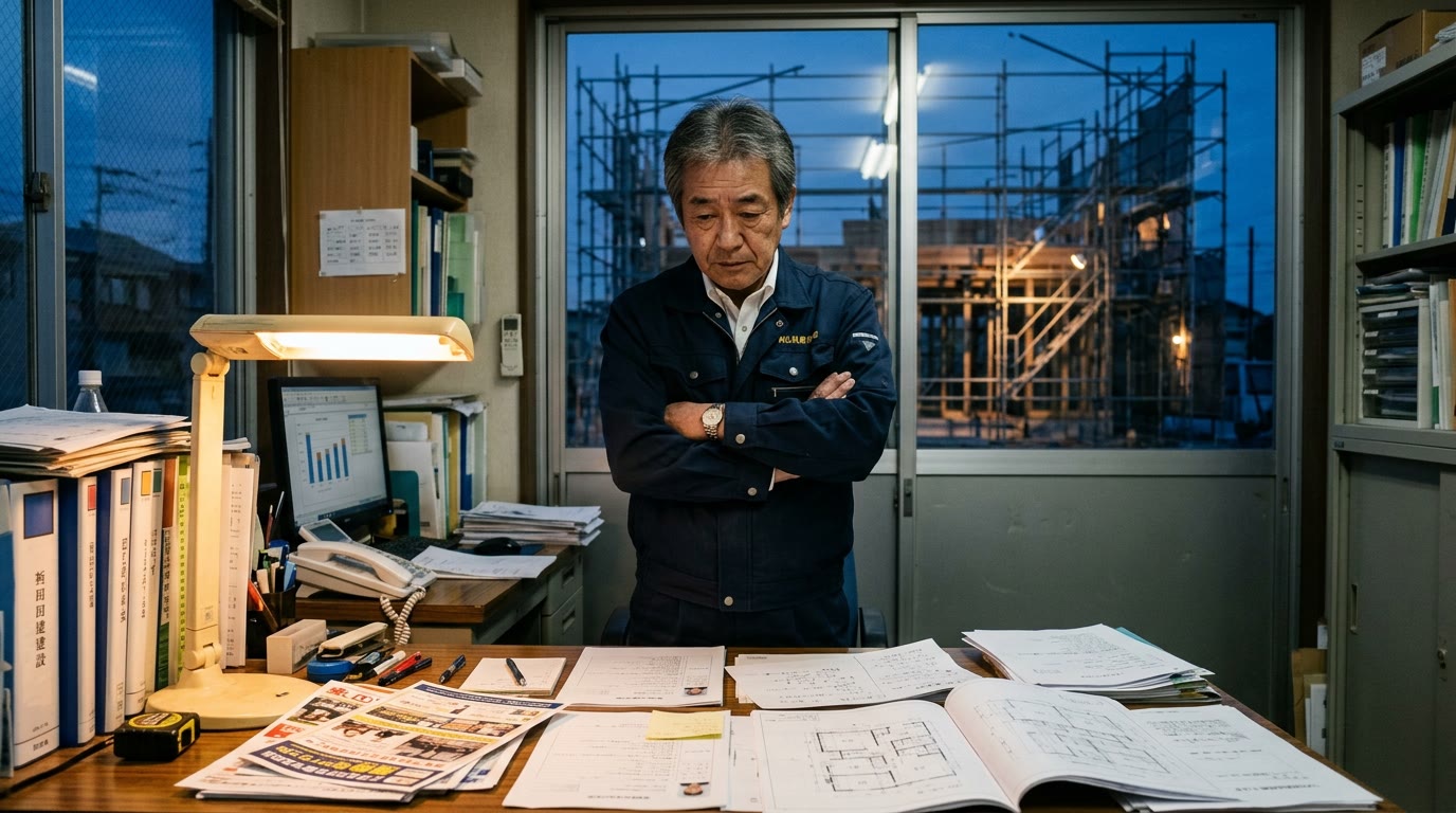 夕方の事務所で、求人チラシと図面を机に広げ、腕組みをして考え込む建設会社の社長