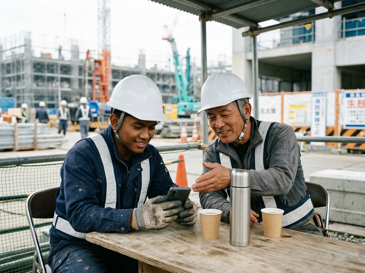 建設現場の休憩所で、外国人の作業員とベテランの職人がスマートフォンで研修動画を一緒に見ている様子