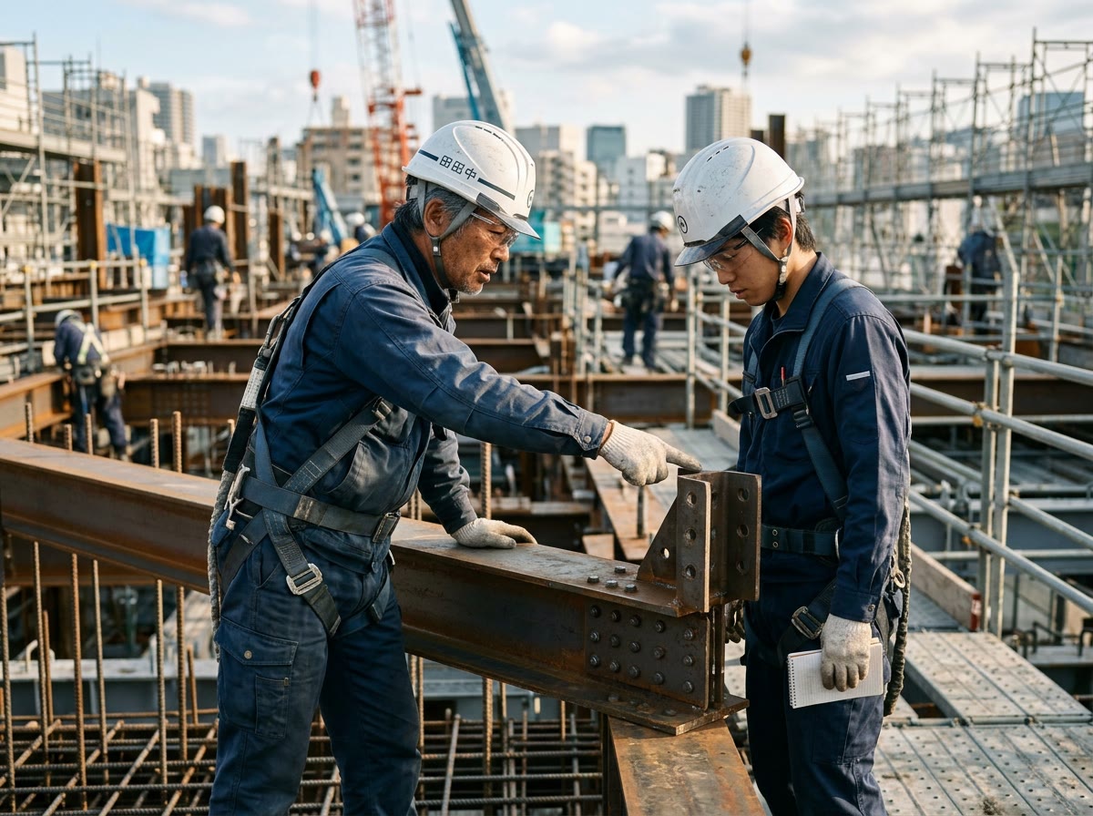 鉄骨の建方現場で、ベテランの職人が接合部を指差しながら若手に教えている様子