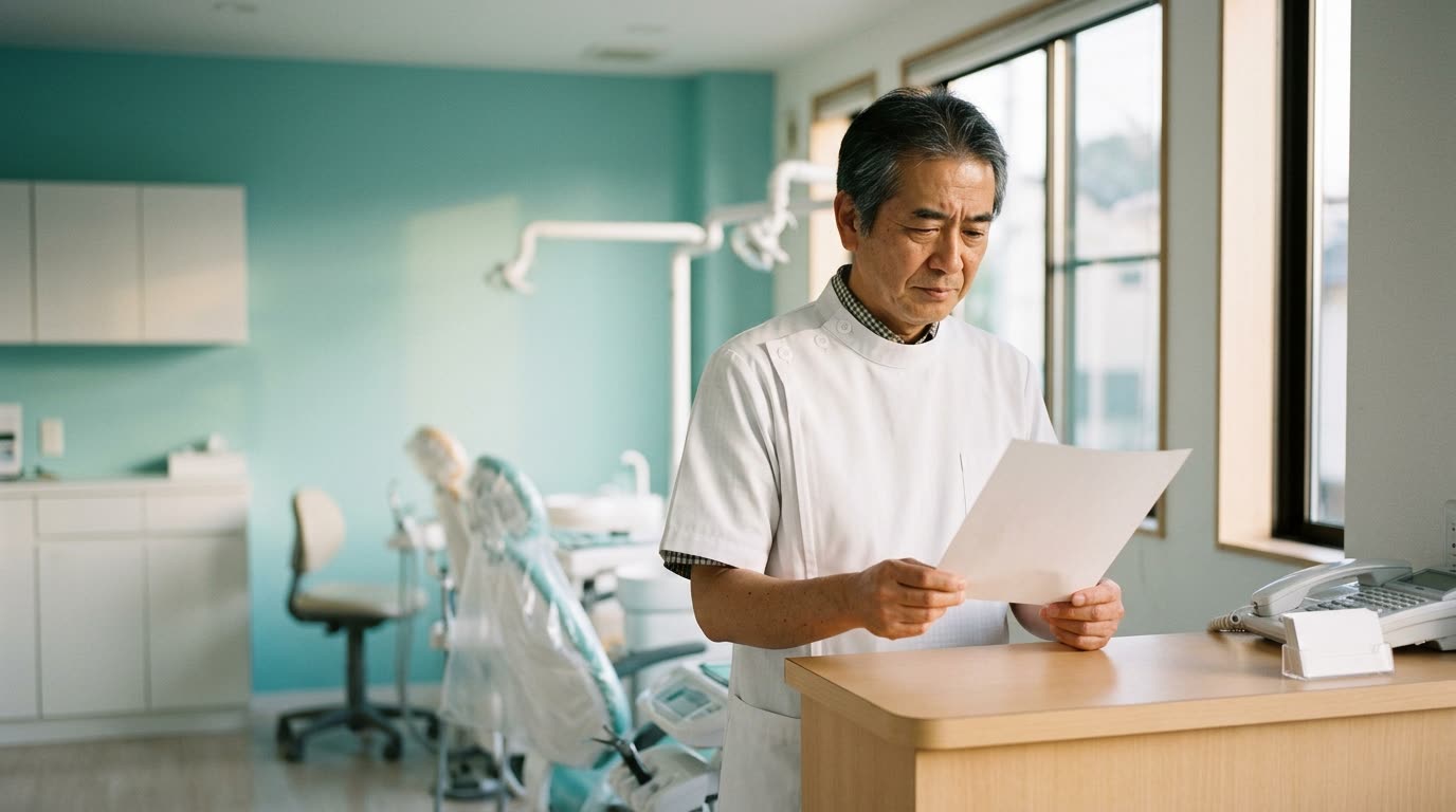 清潔な診療室のある歯科医院で、採用の書類を手に考え込む院長