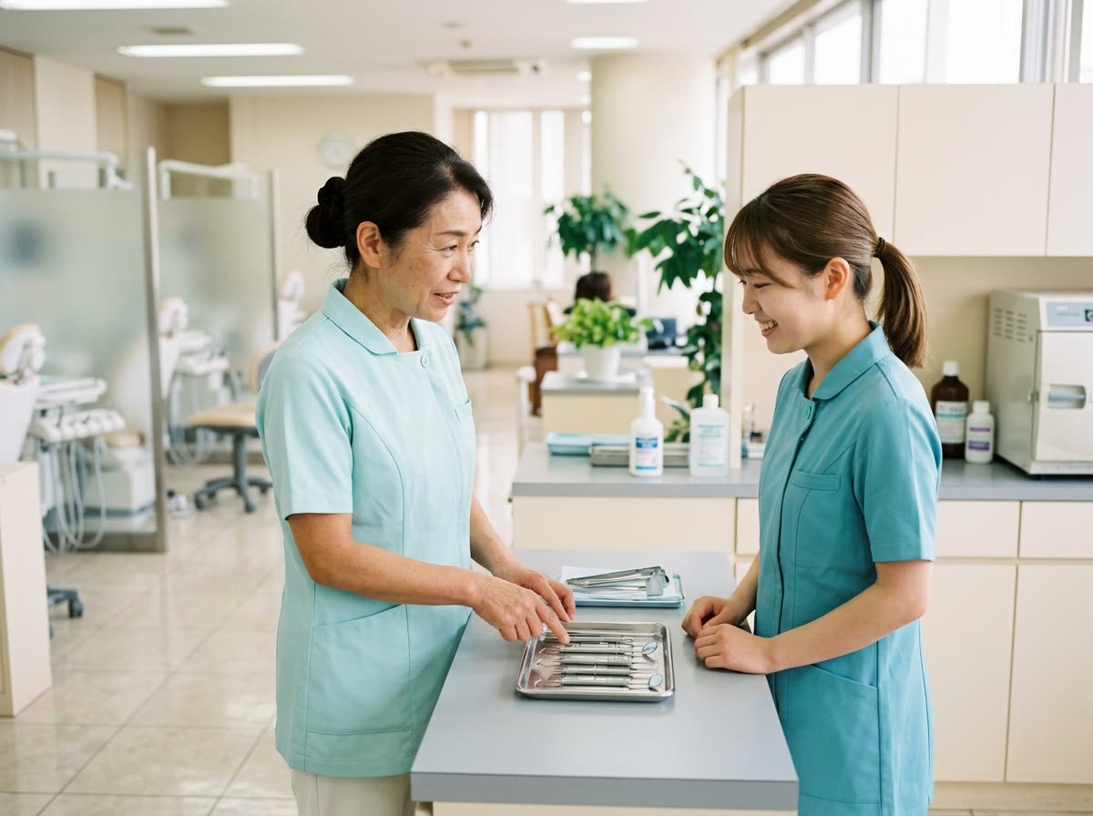 歯科医院で、ベテランの歯科衛生士が新人に器具の準備を教えている様子