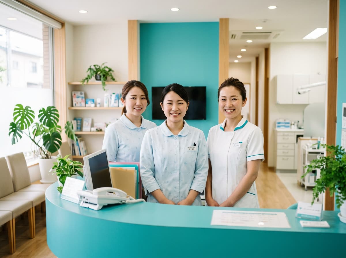 清潔な受付で、歯科医院のスタッフ3人が笑顔で並んでいる様子