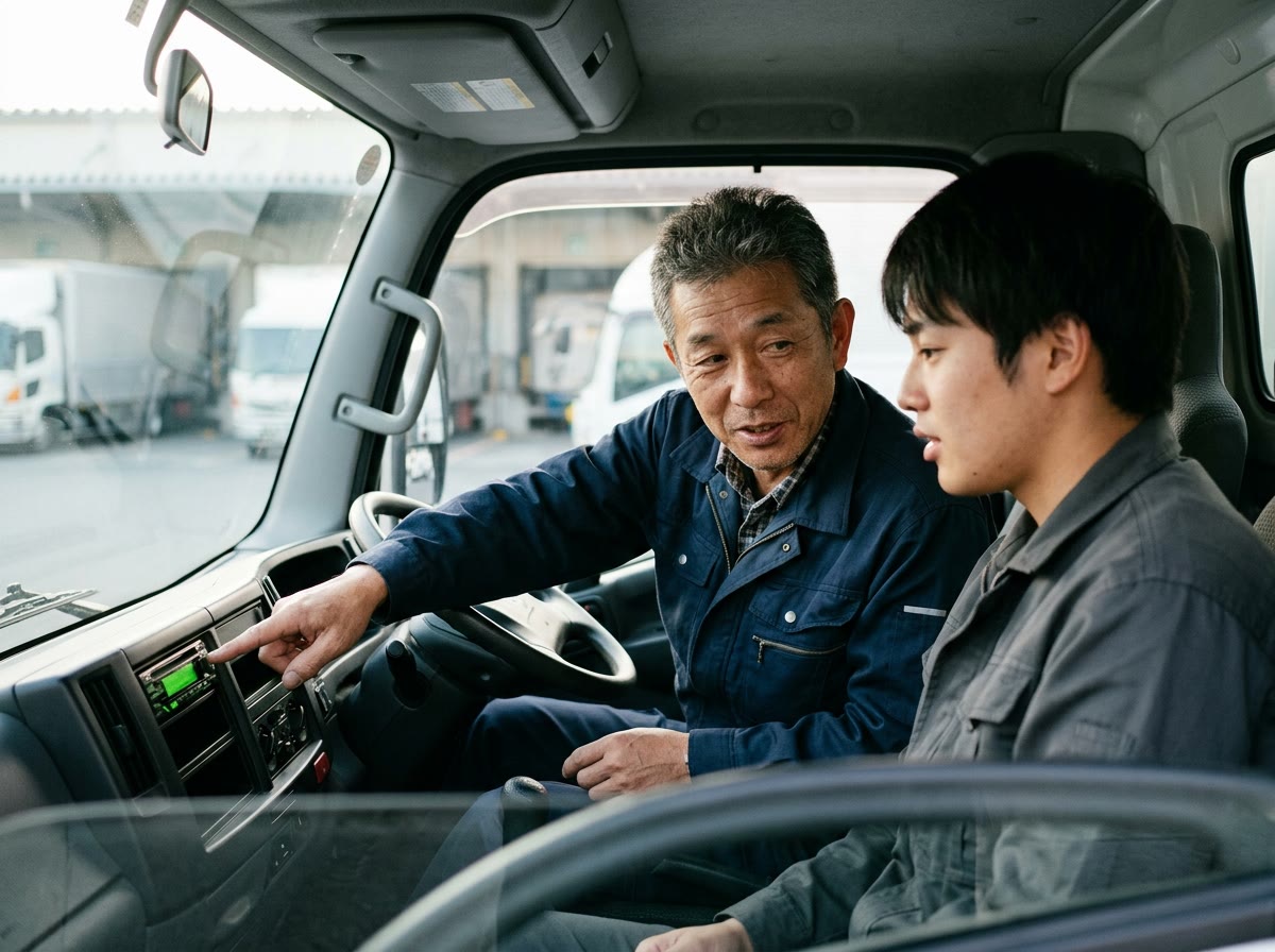 トラックの助手席で、ベテランドライバーが新人に指差しながら横乗り指導をしている様子