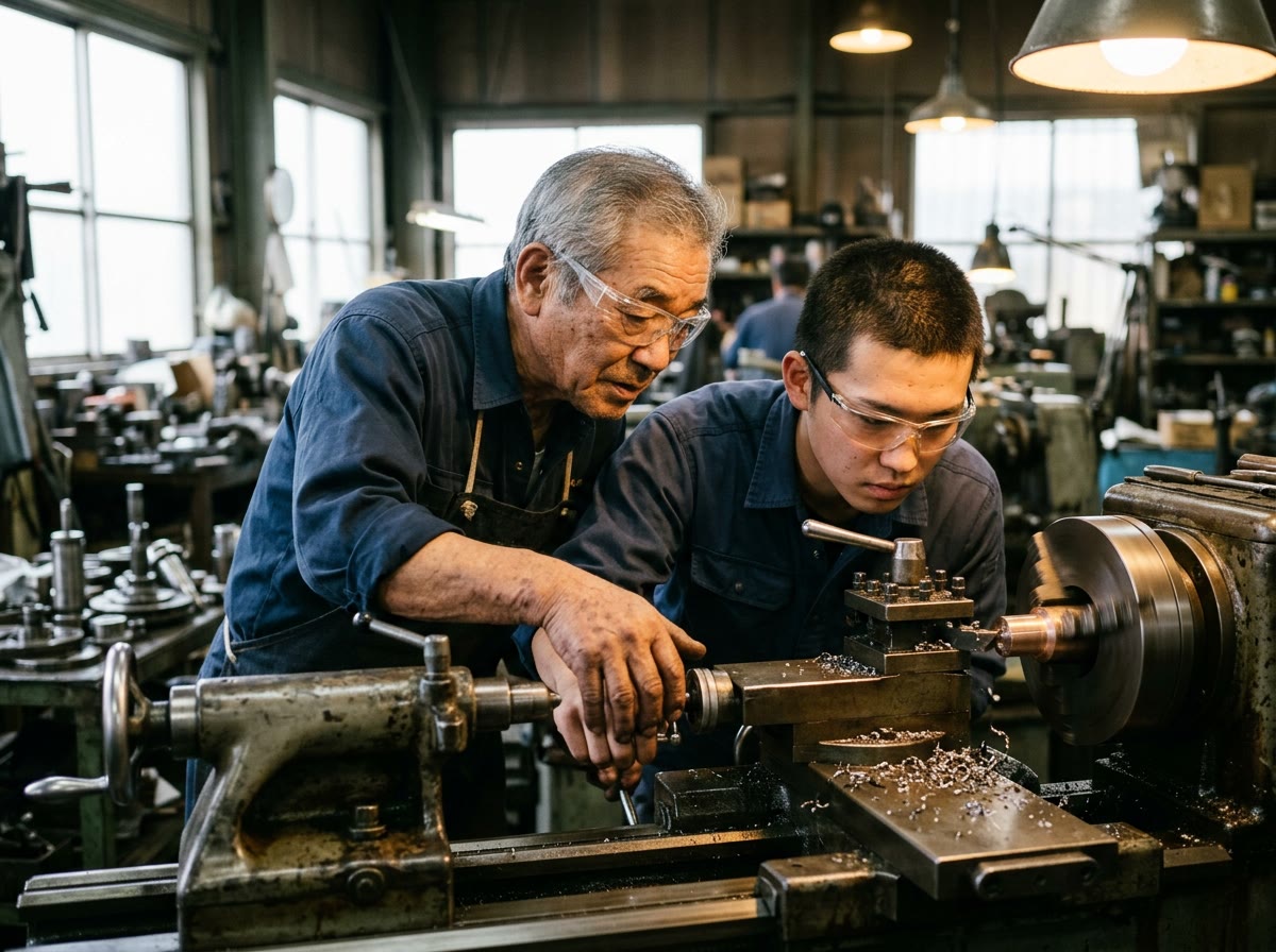 町工場の旋盤の前で、ベテランの職人が若手の手を導きながら作業を教えている様子