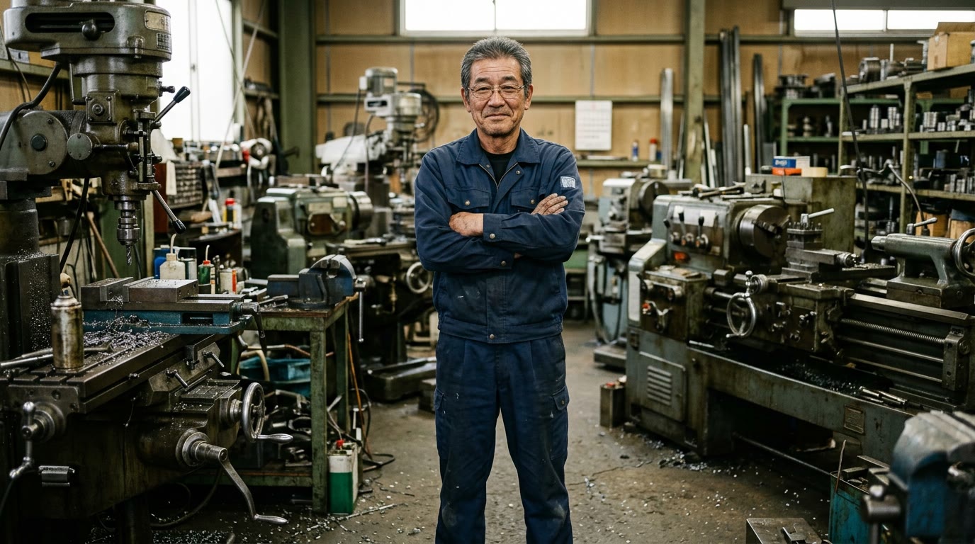 旋盤やフライス盤が並ぶ町工場で、腕組みをして立つ社長