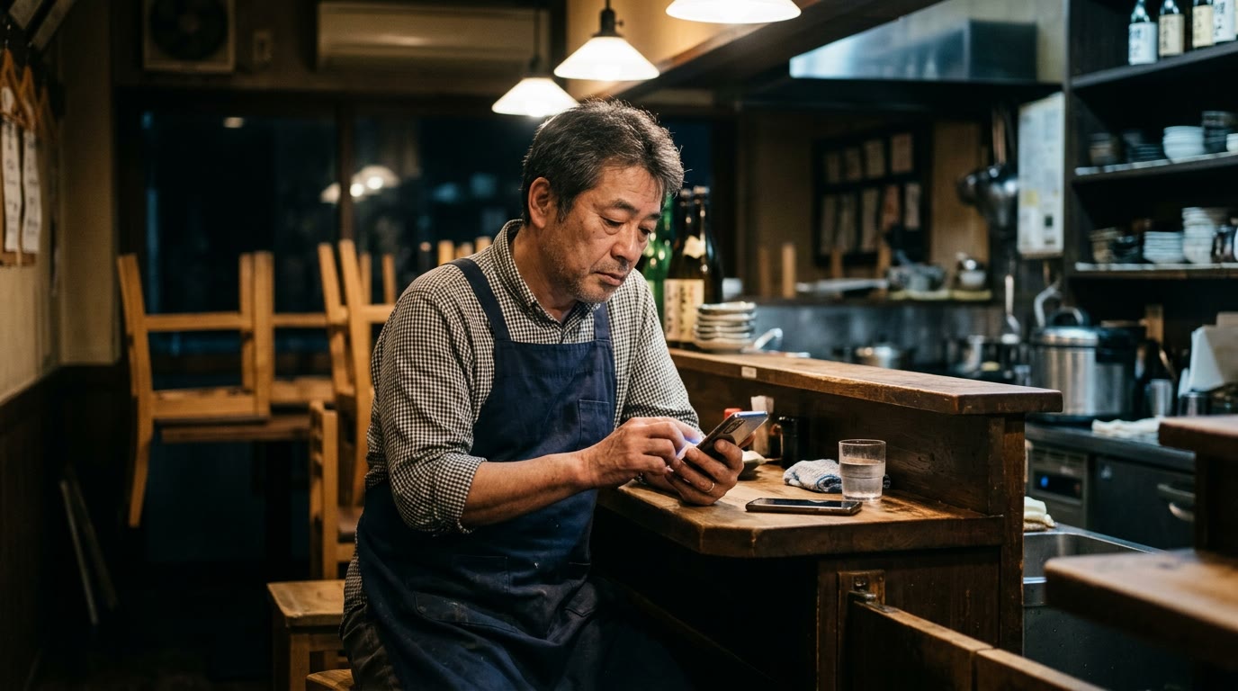 閉店後の薄暗いカウンターで、伝票を手に考え込む飲食店の店主
