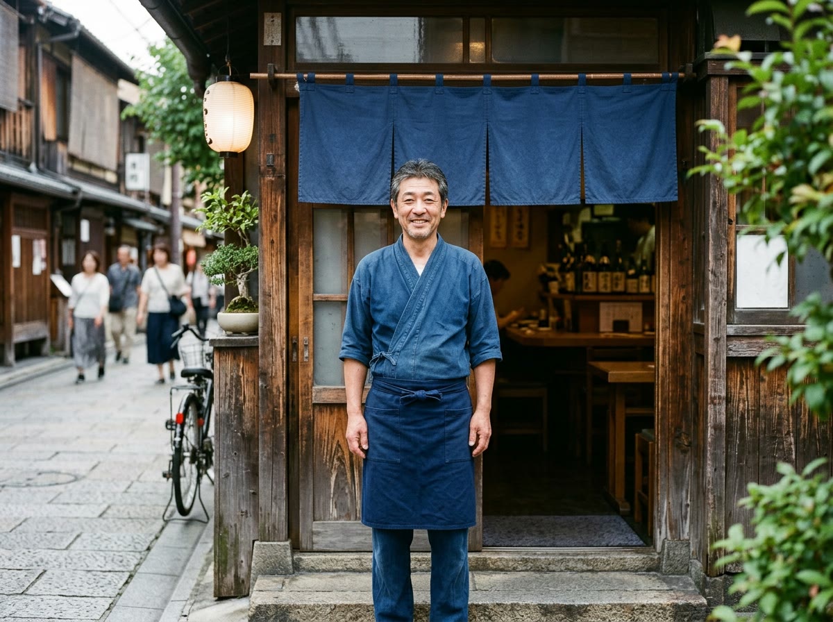 のれんの掛かった店先で、腕を組んで微笑む飲食店の店主