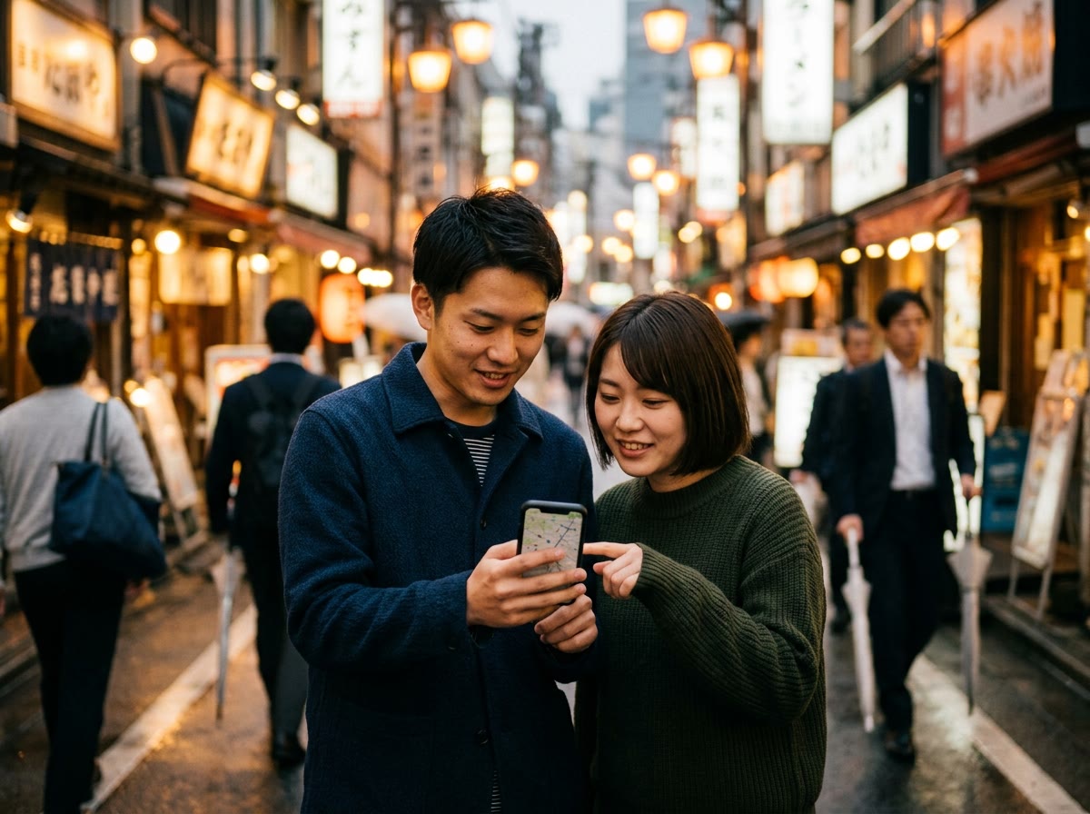 夜の商店街で、若いカップルがスマートフォンの地図を見ながらお店を探している様子