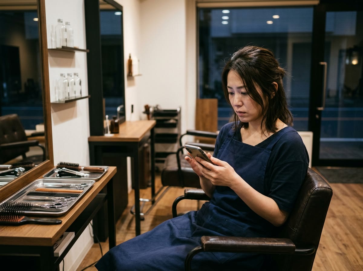 閉店後の暗いサロンで、椅子に座ったオーナーがスマホの画面をじっと見つめている情景