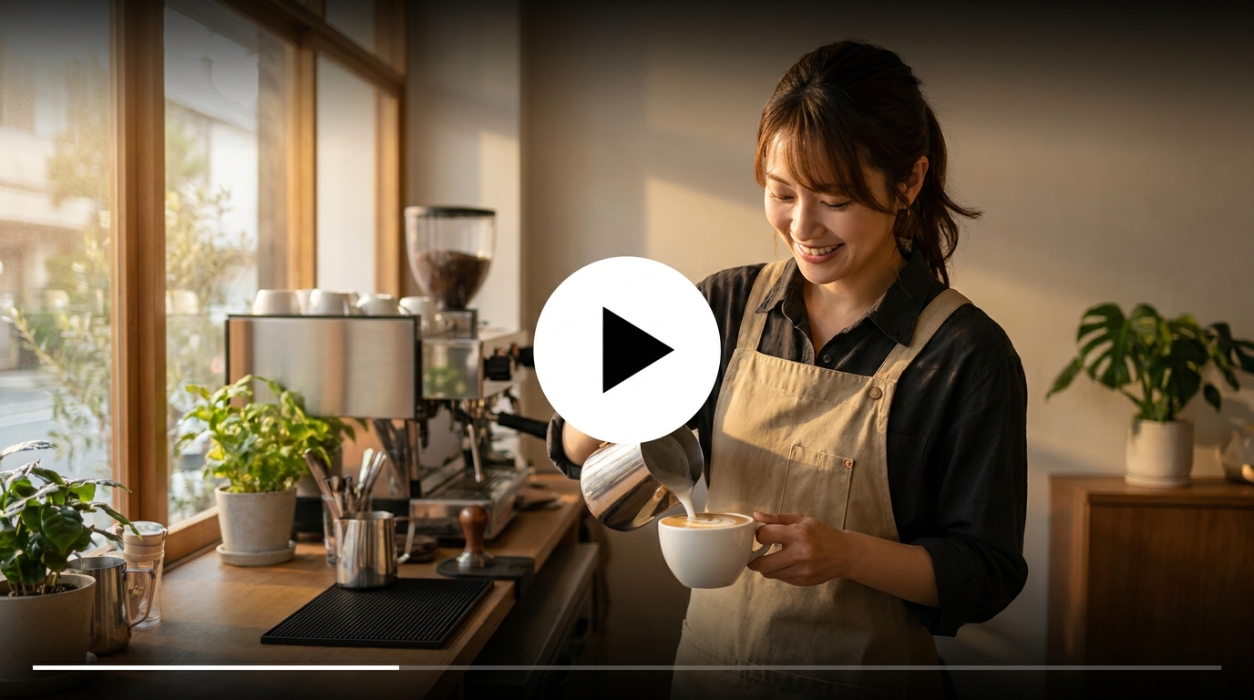 (イメージ)PR動画の1フレーム・カフェのバリスタがラテアートを注ぐシーン