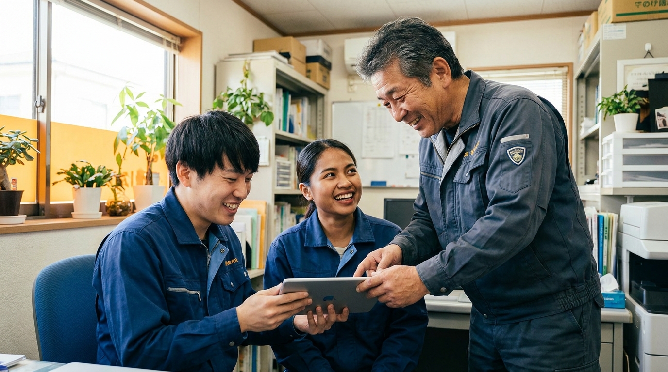 先輩スタッフが新人（外国人を含む）にタブレットで仕事を教える様子