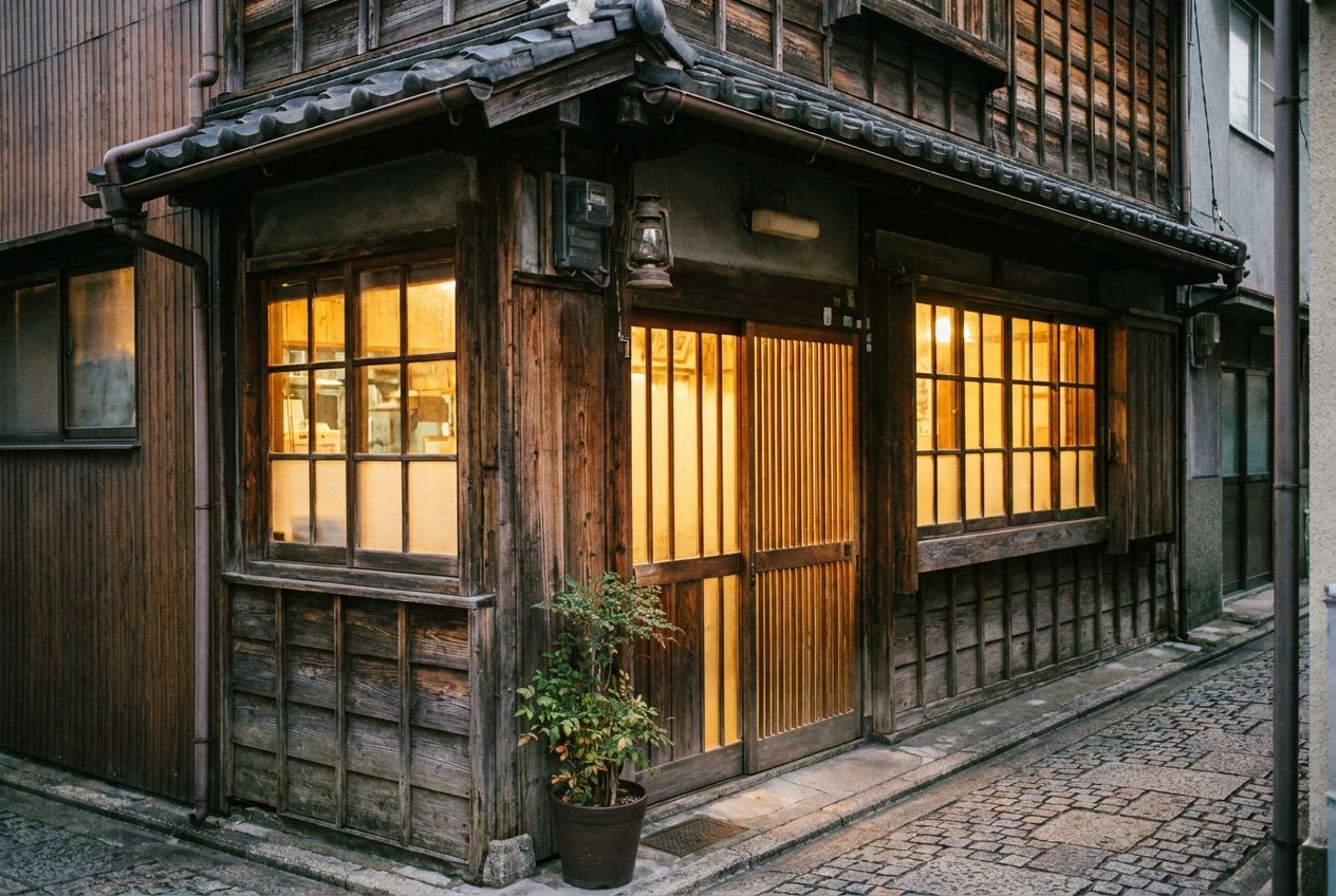 夕暮れどき、灯りのともった喫茶店の外観