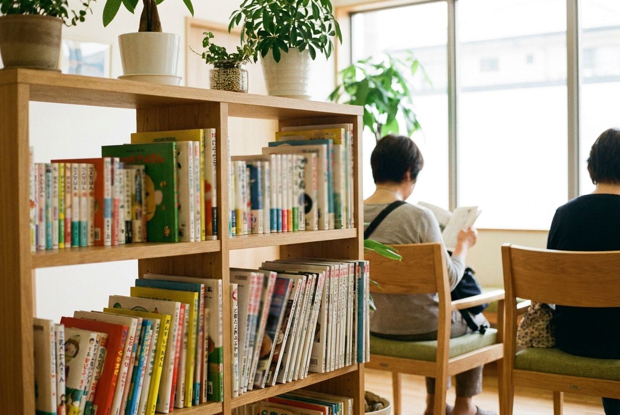 絵本や雑誌の並ぶ待合の本棚