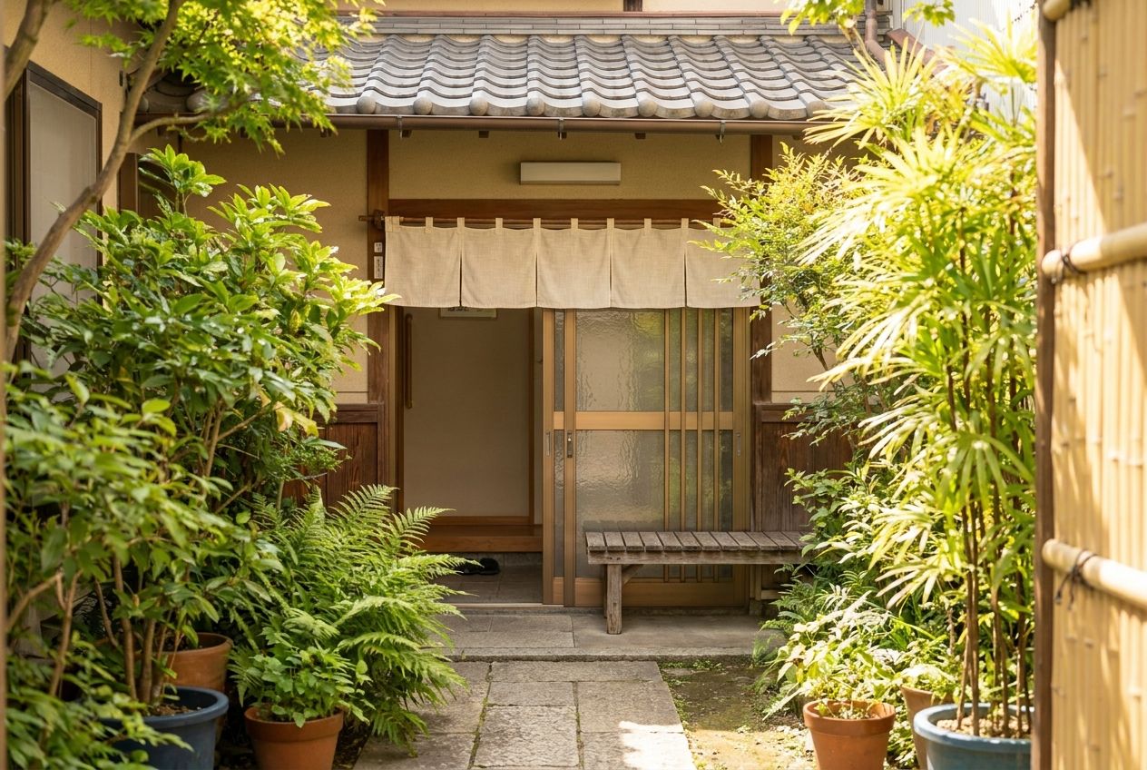緑の植栽に迎えられる入口まわり