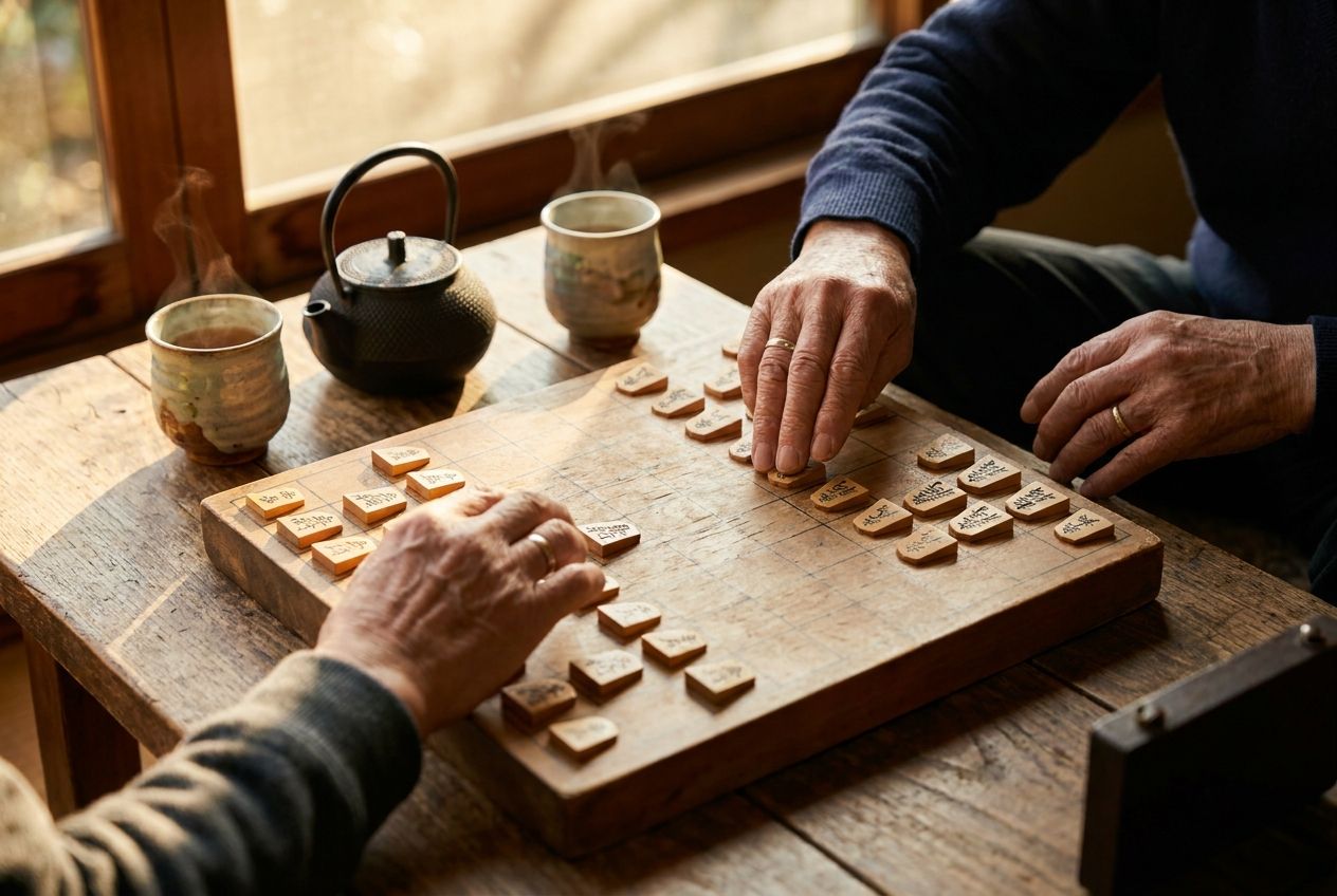 湯のみを傍らに、将棋盤に駒を置く手元