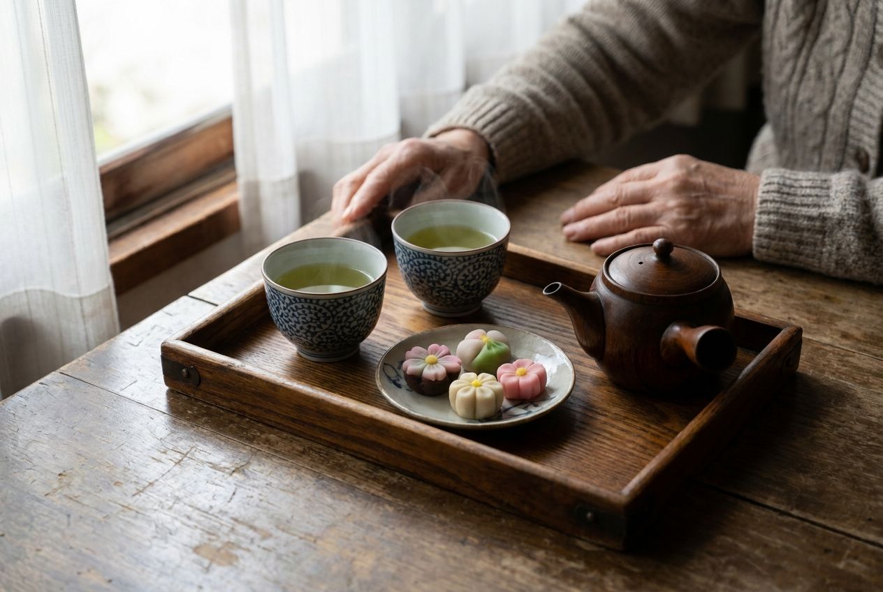 湯のみのお茶と和菓子が並ぶおやつの席