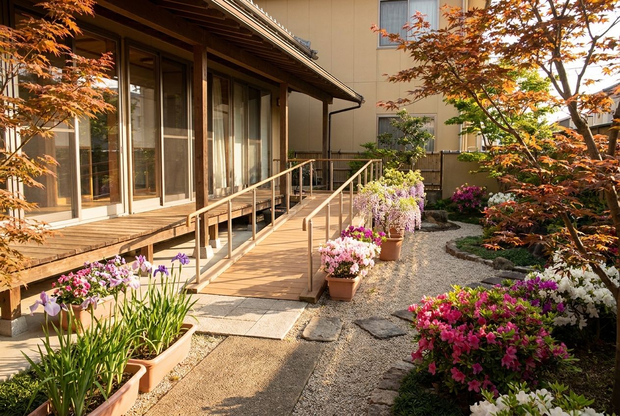 縁側から続く、季節の花が咲く庭とスロープ