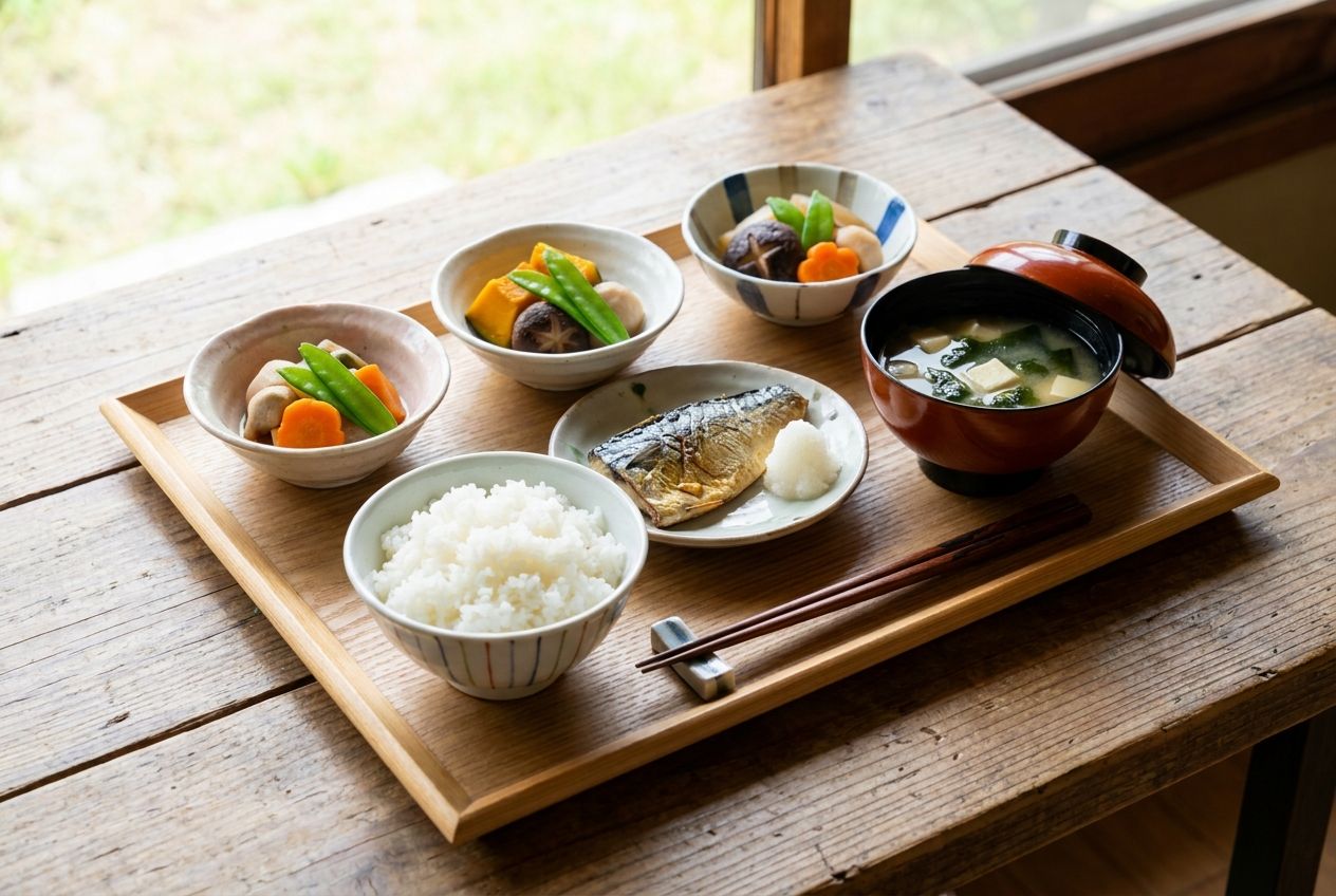 和の食材を中心にした、彩りのよい昼食トレイ