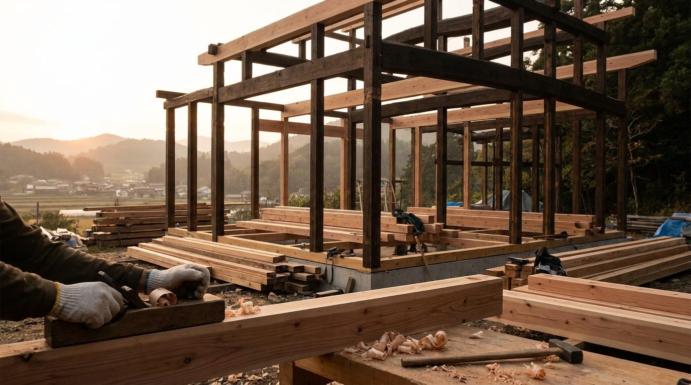 夕暮れの光のなか、木組みが立ち上がる建築現場