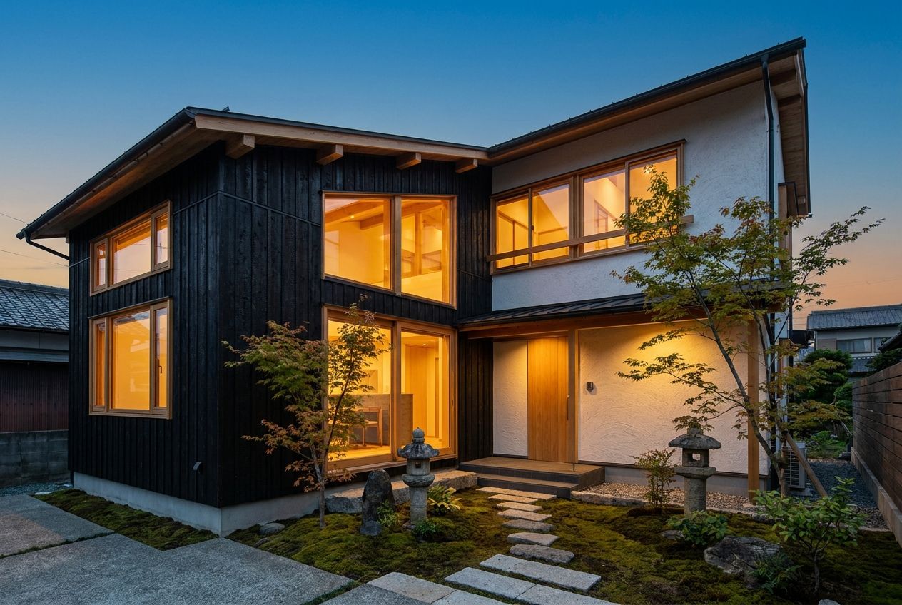 夕暮れにあかりの灯る和モダンの住宅外観