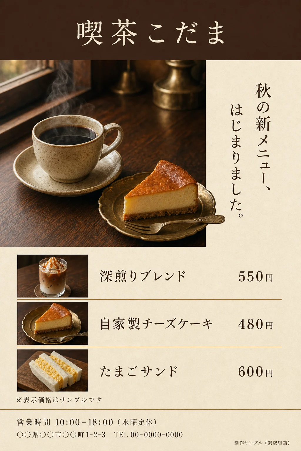 喫茶店のチラシのデザイン見本(A4縦)