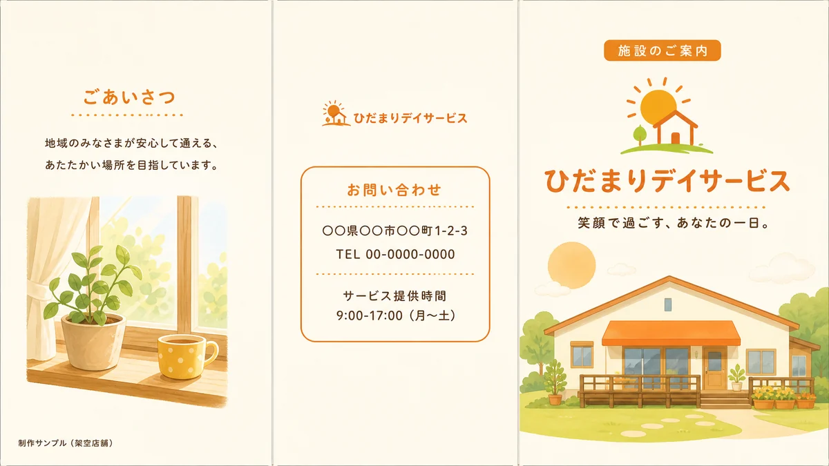 デイサービスの三つ折りパンフレット(表面)のデザイン見本