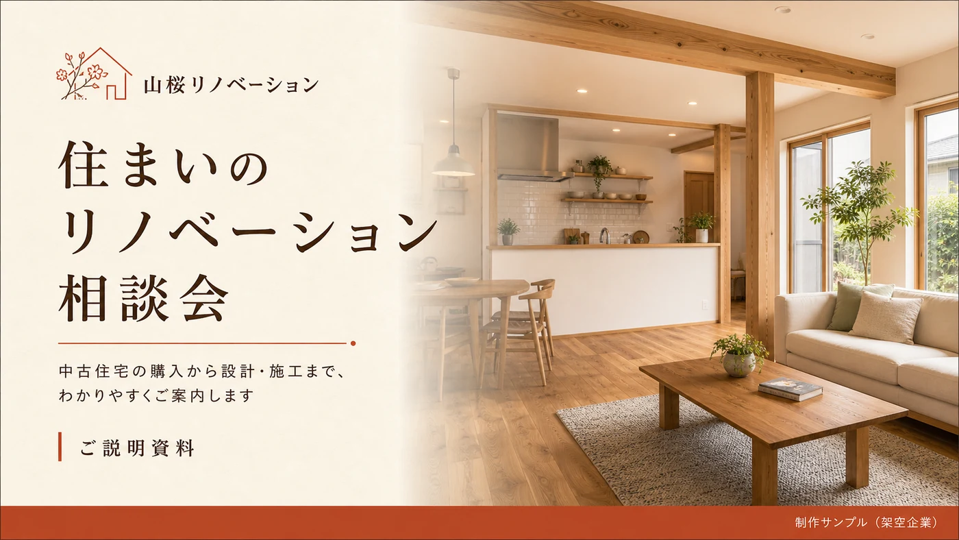 リノベーション会社の提案スライド（表紙）のデザイン見本（16:9）
