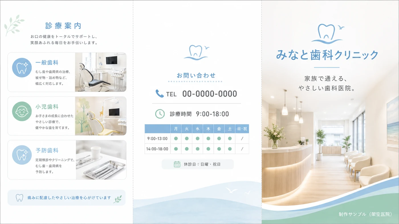 歯科医院の三つ折りパンフレットのデザイン見本