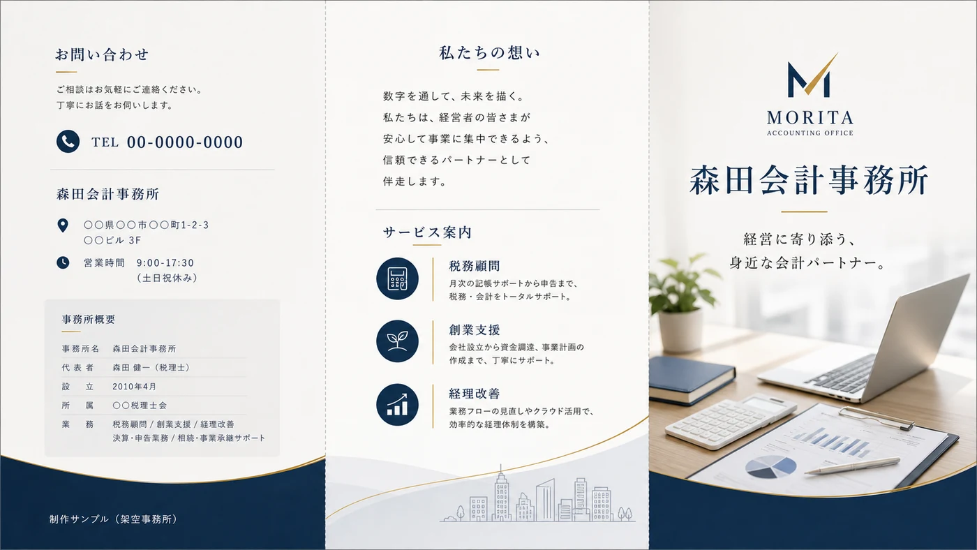 会計事務所の三つ折りパンフレットのデザイン見本