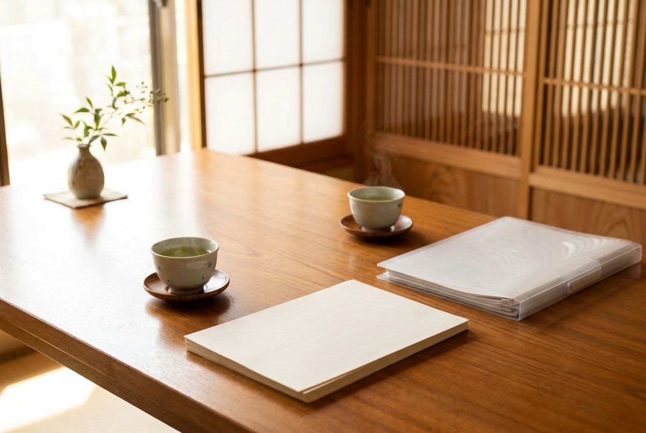 打ち合わせ机の上のお茶と書類